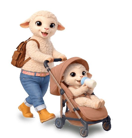 כבשה הולכת עם עגלת תינוק עם תינוק כבשה