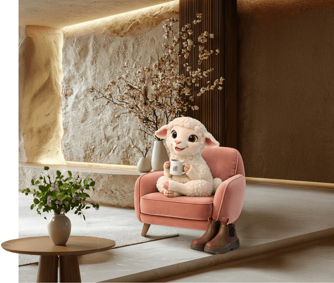 כבש יושבת על כורסא בתוך חדר